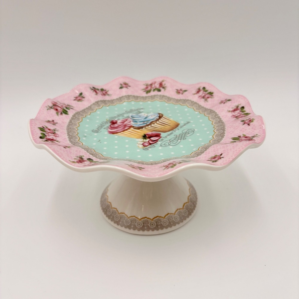 Grace's Teaware Cupcake Pedestal Stand Pink Floral Mint Polka Dot Scalloped 6"